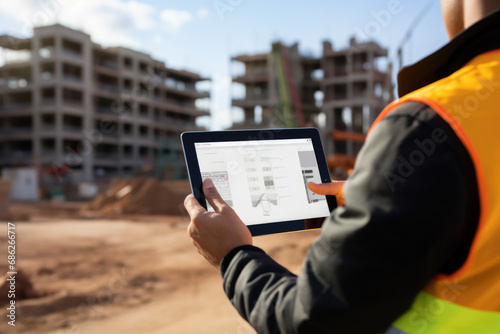 Construction worker holding tablet in hands at a construction site photo