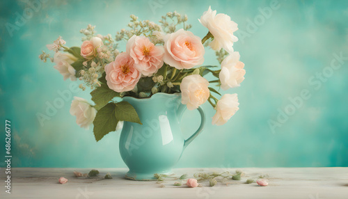 Lovely flowers on turquoise shabby chic background. Festive greeting card