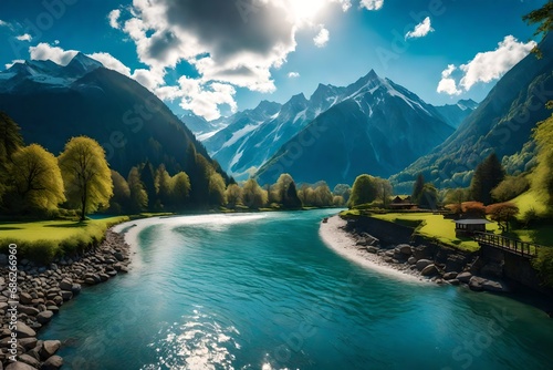 River and mountains with blue sky - Interlaken, Switzerland