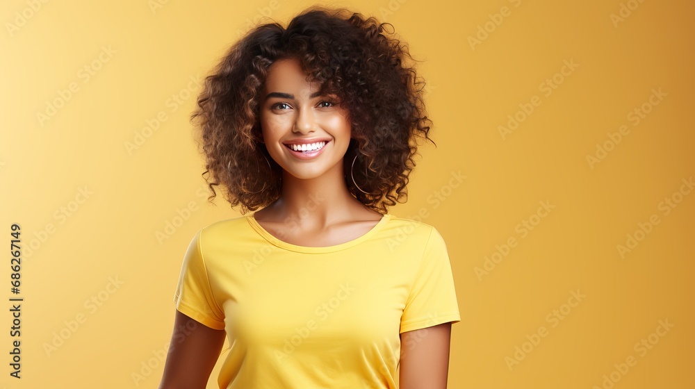 A close-up shot of a beautiful and content brunette wearing a yellow shirt, eagerly anticipating an exciting event. She is beaming with happiness and radiating positivity and enthusiasm. A close-up shot of a beautiful and content brunette wearing a yellow shirt, eagerly anticipating an exciting event. She is beaming with happiness and radiating positivity and enthusiasm.
