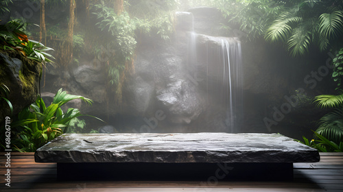 Natural stone podium for presentation any product in front of tropical waterfall in rainforest.