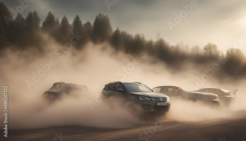 A cloud of dust from cars on nature as a background