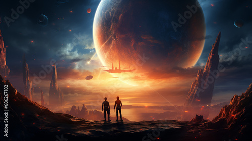 two people standing by an alien mountain landscape during sunset, with a huge nearby planet visible in the sky  photo