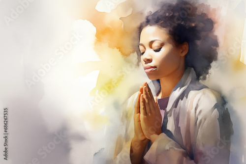 abstract illustration of a pretty young African american black teen woman praying with her hands clasped - white background - watercolor strokes - copy space