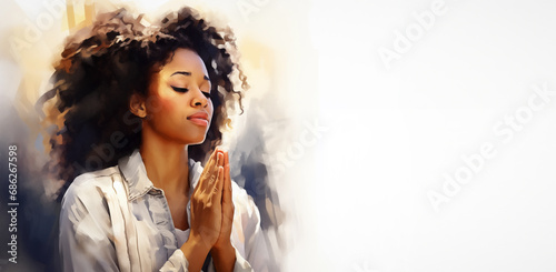 abstract illustration of a stunningly pretty young African american black woman praying with her hands clasped - profile side view - white background - watercolor strokes - copy space - banner