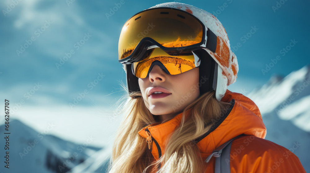Portrait of a happy, smiling woman snowboarder against the backdrop of snow-capped mountains at a ski resort, during vacation and winter holidays. Portrait of a happy, smiling woman snowboarder against the backdrop of snow-capped mountains at a ski resort, during vacation and winter holidays.