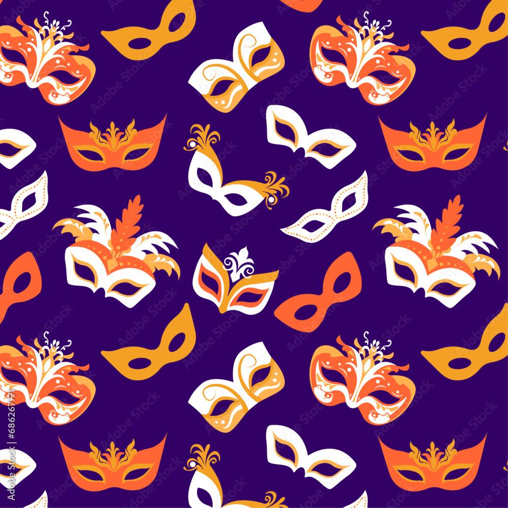 Seamless pattern of theatrical, masquerade masks on a purple background