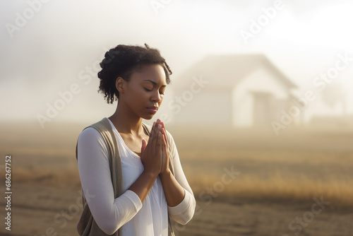 Pretty young black woman praying to god with her eyes closed and clasped hands - profile side angle - God\'s rays of light shining down - Ethnic diversity and religion concept