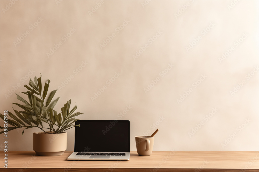 Stylish Desk Setup with Blank Laptop Screen for Mockup and a Coffee Mug, Creating a Productive and Cozy Corner. Minimalist Interior Design with Neutral Tones and Clean Lines. Stylish Desk Setup with Blank Laptop Screen for Mockup and a Coffee Mug, Creating a Productive and Cozy Corner. Minimalist Interior Design with Neutral Tones and Clean Lines.