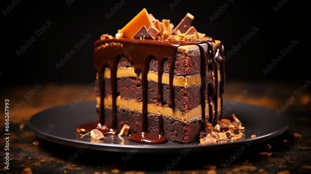 A stunning chocolate cake masterpiece featuring layers of chocolate and caramel, embellished with a drizzle of caramel sauce and edible gold dust.