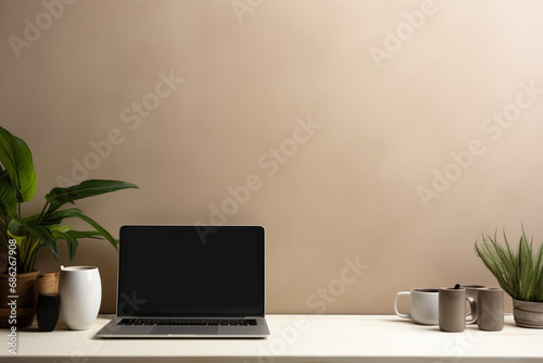 Stylish Desk Setup with Blank Laptop Screen for Mockup and a Coffee Mug, Creating a Productive and Cozy Corner. Minimalist Interior Design with Neutral Tones and Clean Lines.