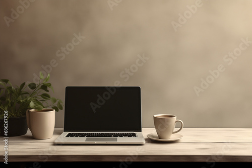 Stylish Desk Setup with Blank Laptop Screen for Mockup and a Coffee Mug, Creating a Productive and Cozy Corner. Minimalist Interior Design with Neutral Tones and Clean Lines.