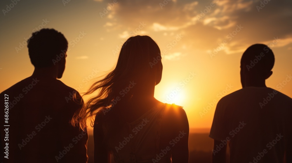 people silhouetted against a peaceful sunset, friends, together concept