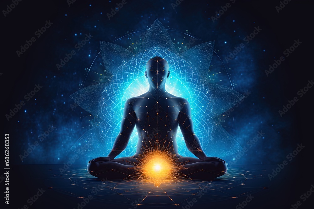 yoga lotus pose with blue neural connection lines and glowing dots. Binary Mindfulness background.