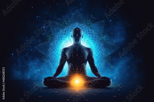 yoga lotus pose with blue neural connection lines and glowing dots. Binary Mindfulness background.
