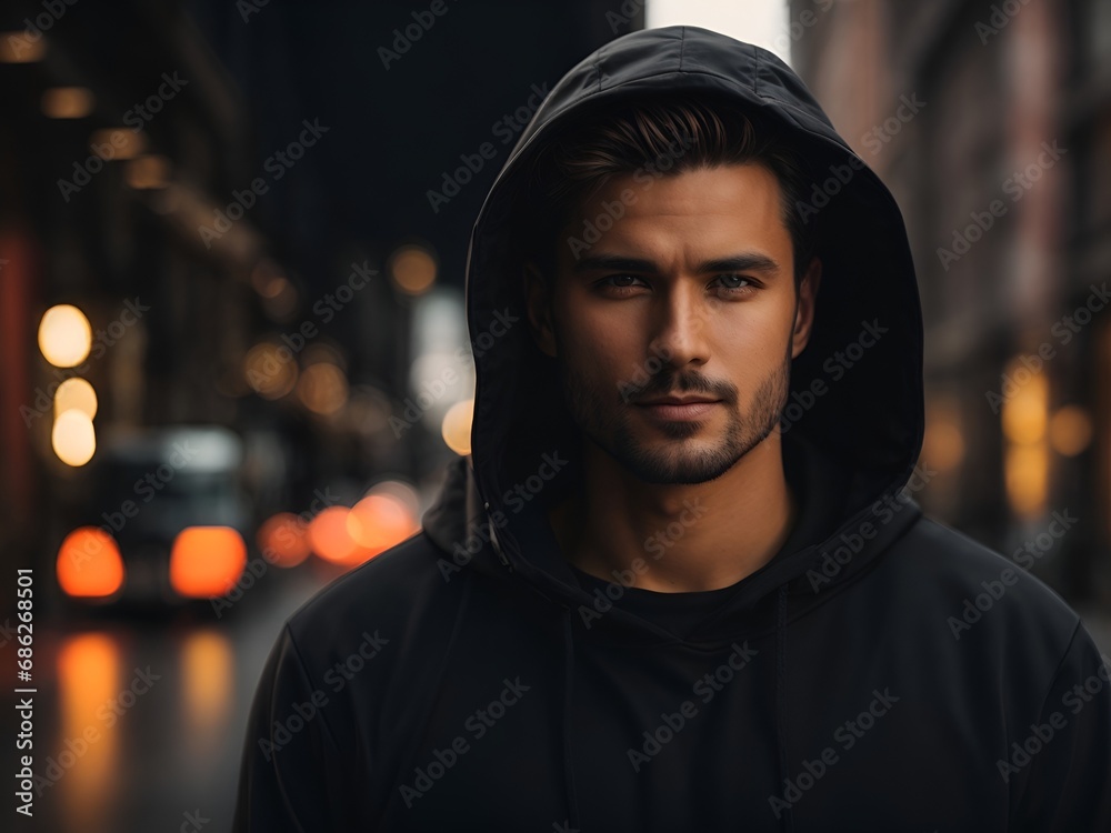 Photo of handsome man wearing blank mockup black hoodie or sweatshirt. Photo of handsome man wearing blank mockup black hoodie or sweatshirt.