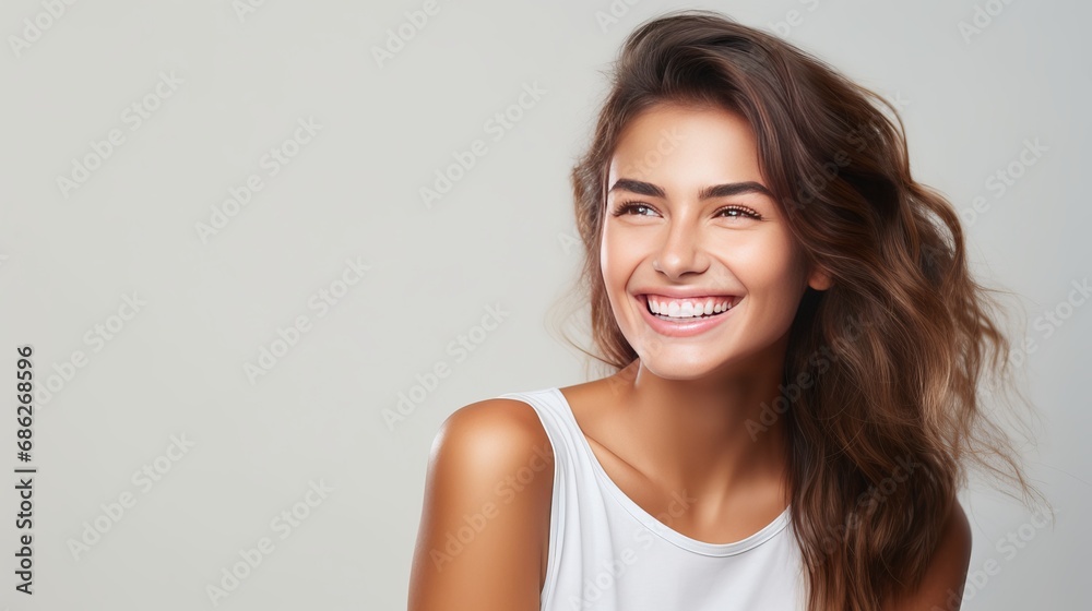 A young girl, who is beautiful and clean-shaven, laughs and smiles joyfully while standing over a white background. A young girl, who is beautiful and clean-shaven, laughs and smiles joyfully while standing over a white background.