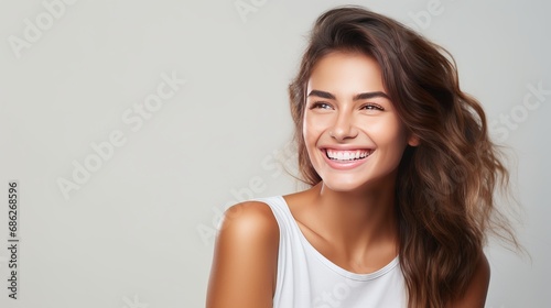 A young girl, who is beautiful and clean-shaven, laughs and smiles joyfully while standing over a white background.