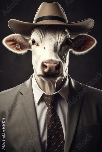 A picture of a cow dressed in a suit and hat. This image can be used for various purposes. © Fotograf