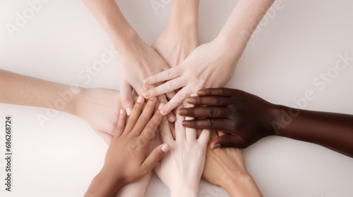 diverse hands forming a circle, symbolizing unity in diversity, friendship, togetherness, teamworking, collaboration
