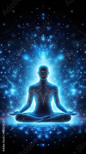 yoga lotus pose with blue neural connection lines and glowing dots. Binary Mindfulness background.