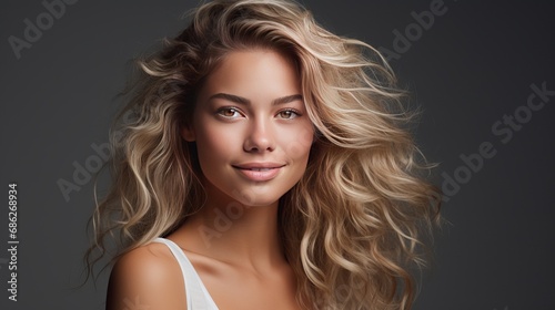 An attractive Caucasian woman with blonde hair is peering into the upper right corner with curious smile and a touch of her lip.