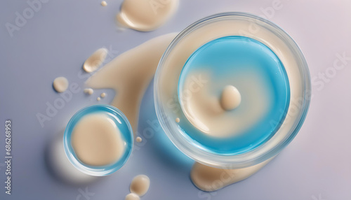 banner smear of cream round transparent drop of banner transparent gel serum in a petri dish on a blue background