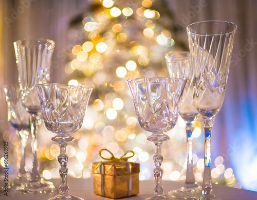 Des verres en Crystal avec un joli petit cadeau doré et un grand sapin lumineux en arrière plan pour fêter Noël ou les fêtes de fin d'années