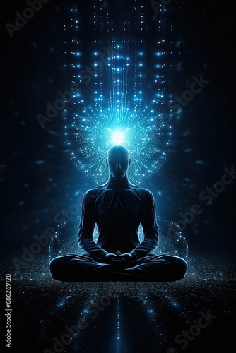 yoga lotus pose with blue neural connection lines and glowing dots. Binary Mindfulness background.