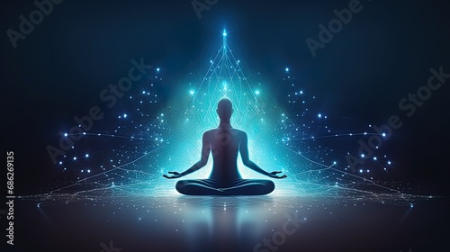 yoga lotus pose with blue neural connection lines and glowing dots. Binary Mindfulness background. photo