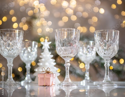 5 verres en Crystal sur une table posés à côté de petits cadeaux, en arrière plan un joli sapin blanc