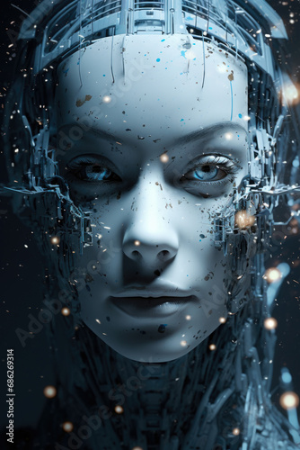 A close-up image of a woman's face with a futuristic head. This unique and futuristic image can be used in various creative projects.