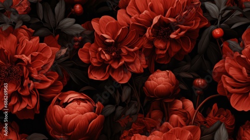 Vintage botanical flower seamless wallpaper  vintage pattern for floral print digital background  texture  red and black flowers