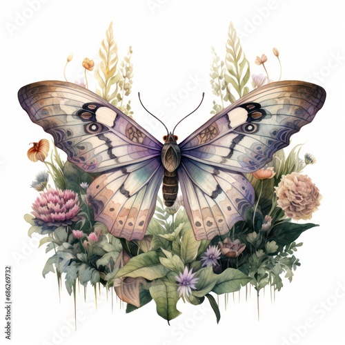 Enchanted Watercolour Mystical Moth Clipart with Enchanted Flora and Fauna