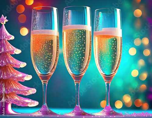 3 verres (flûtes) de champagne à côté d'un sapin dans une ambiance de fête de Noël, ton vert