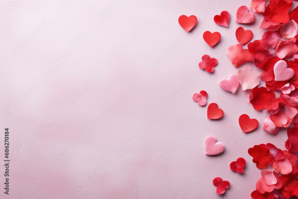 A festive pink background showered with flower petals. Romantic background