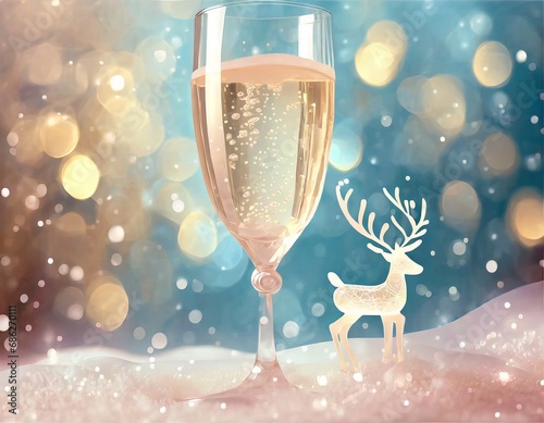 Boisson pétillante pour les fête de fin d'année avec un cerf doré à côté et joli bokeh