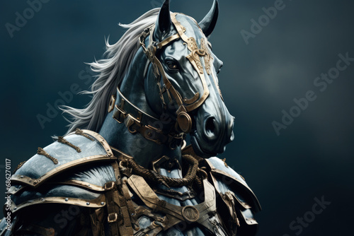 A close-up view of a horse wearing armor. This image can be used to depict medieval knights, historical battles, or equestrian events. © Fotograf