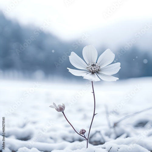 A snow-white flower with petals in pastel shades in a snowdrift looks out: background, screensaver, postcard, winter, spring, frosty, cold, snowy (Ai generation) © KRvisualPRO