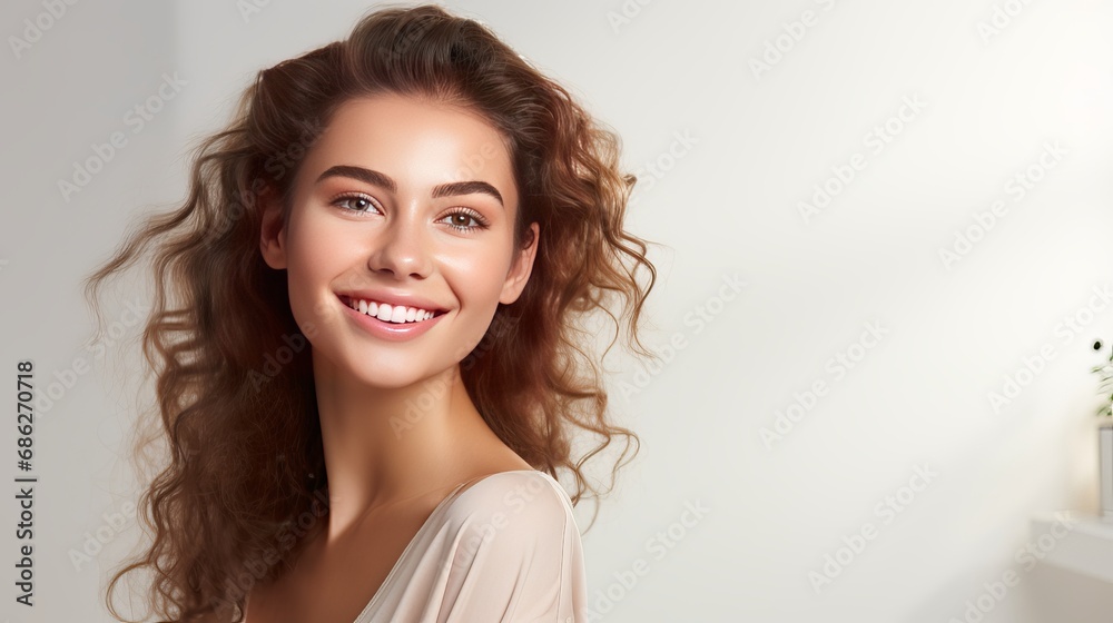 A portrait of a smiling woman wearing natural makeup and smiling in front of a white wall. A portrait of a smiling woman wearing natural makeup and smiling in front of a white wall.
