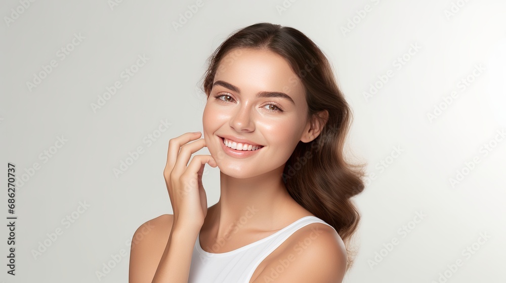 A portrait of a smiling woman wearing natural makeup and smiling in front of a white wall. A portrait of a smiling woman wearing natural makeup and smiling in front of a white wall.