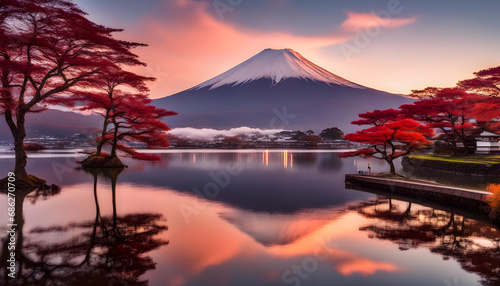 Fotografie Fuji japan,mountain landscape,Fujisan mountain reflection