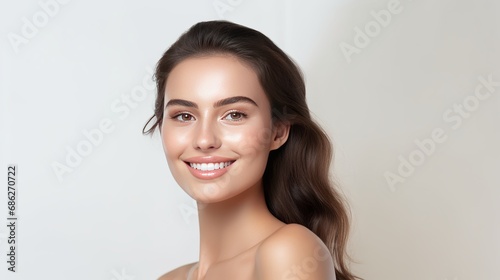 A portrait of a smiling woman wearing natural makeup and smiling in front of a white wall.