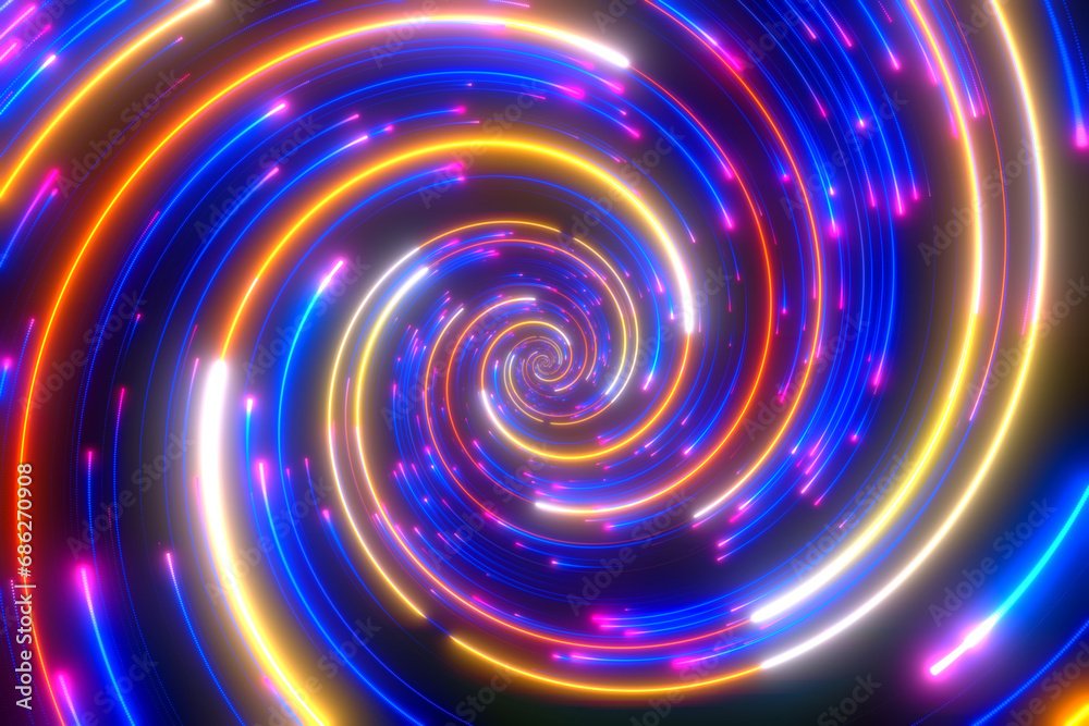 Minimal spiral in rotation. Abstract background in blue and yellow neon colors. Rotating galaxy. Space background for event, party, carnival, celebration, anniversary or other. 3D rendering. Minimal spiral in rotation. Abstract background in blue and yellow neon colors. Rotating galaxy. Space background for event, party, carnival, celebration, anniversary or other. 3D rendering.