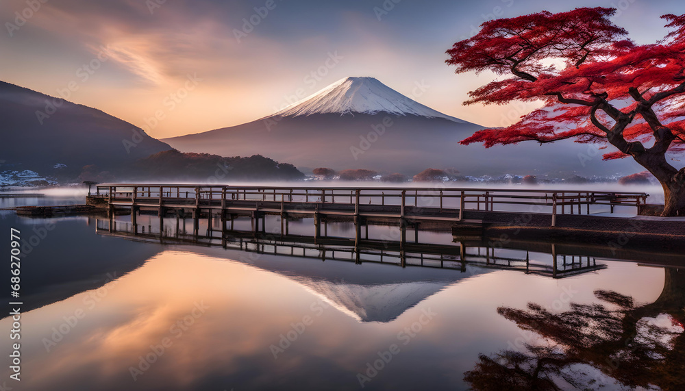 Fuji japan,mountain landscape,Fujisan mountain reflection