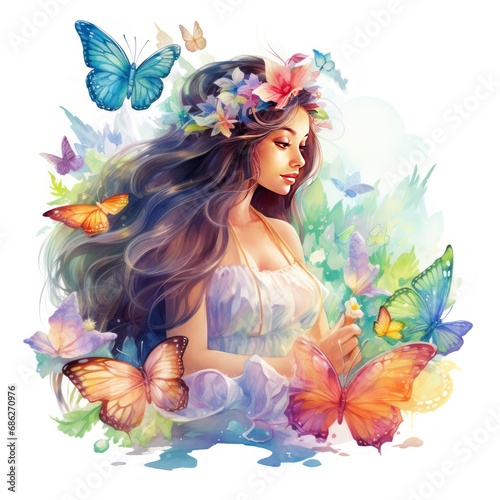 Ethereal Tropical Princess Watercolor Clipart with Magical Seashell and Colorful Tropical Butterflies