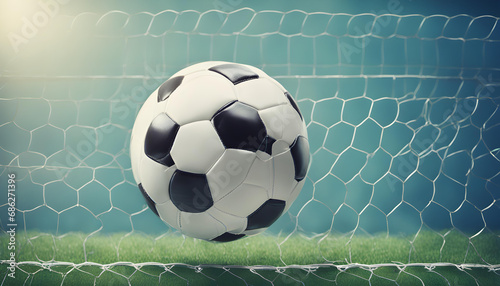 Soccer ball in goal on blue background