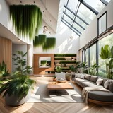 modern gallery with biophilic design elements, integrating nature-inspired textures, indoor plants, natural lighting