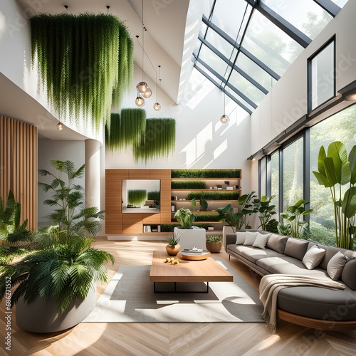 modern gallery with biophilic design elements, integrating nature-inspired textures, indoor plants, natural lighting photo