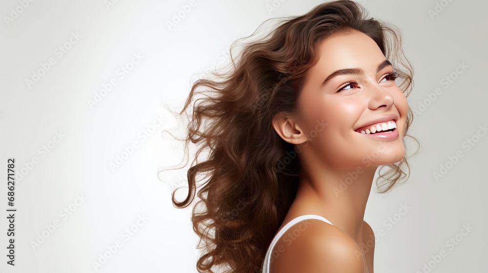 A charming expensive gift is given to a coquettish attractive happy girlfriend who smiles joyfully and clasps hands near her jawline in a flirty feminine pose while standing in white background. - obrazy, fototapety, plakaty 